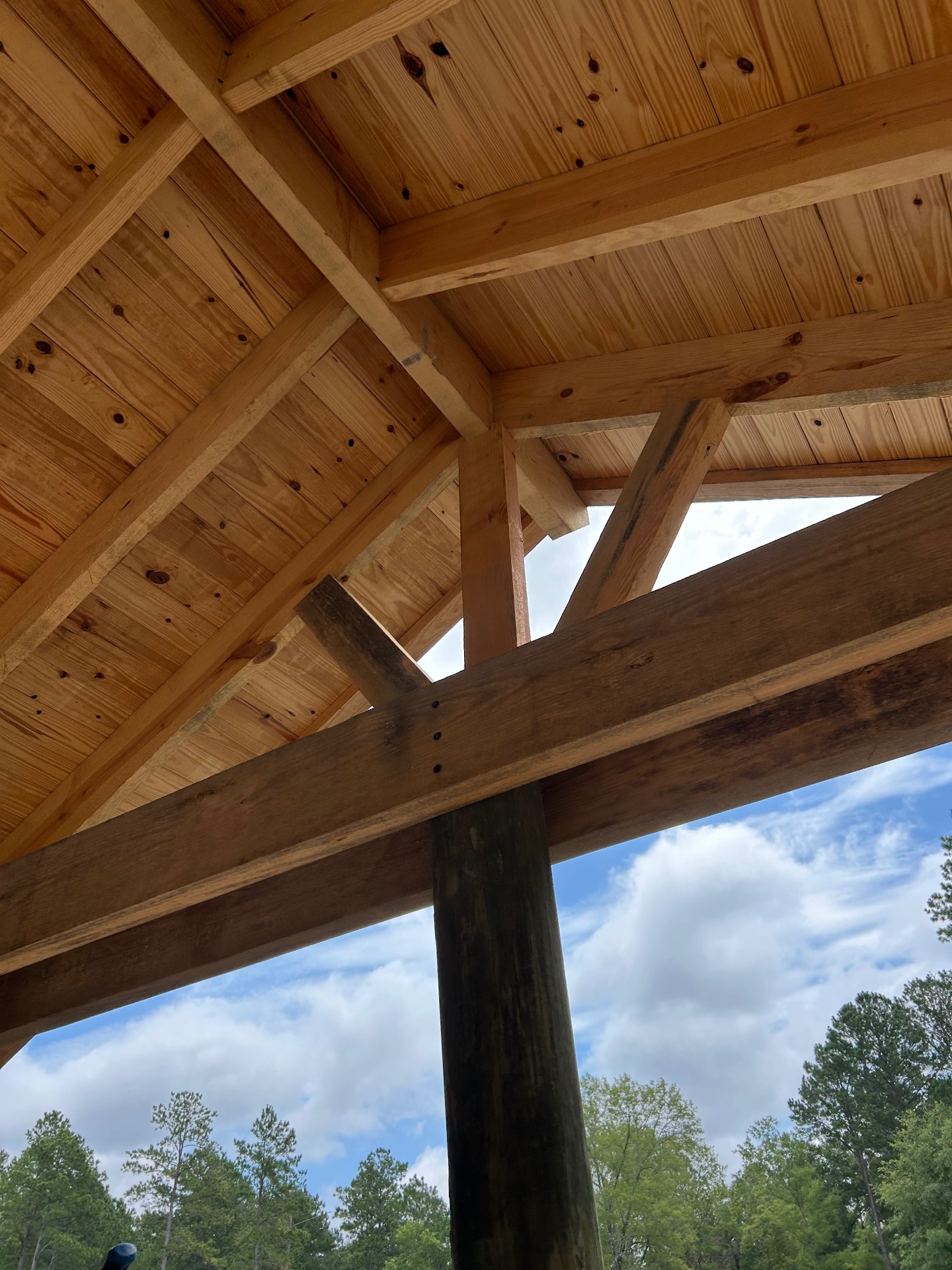 Close-up of dock pavilion roof framing showing rafters and tongue-and-groove decking